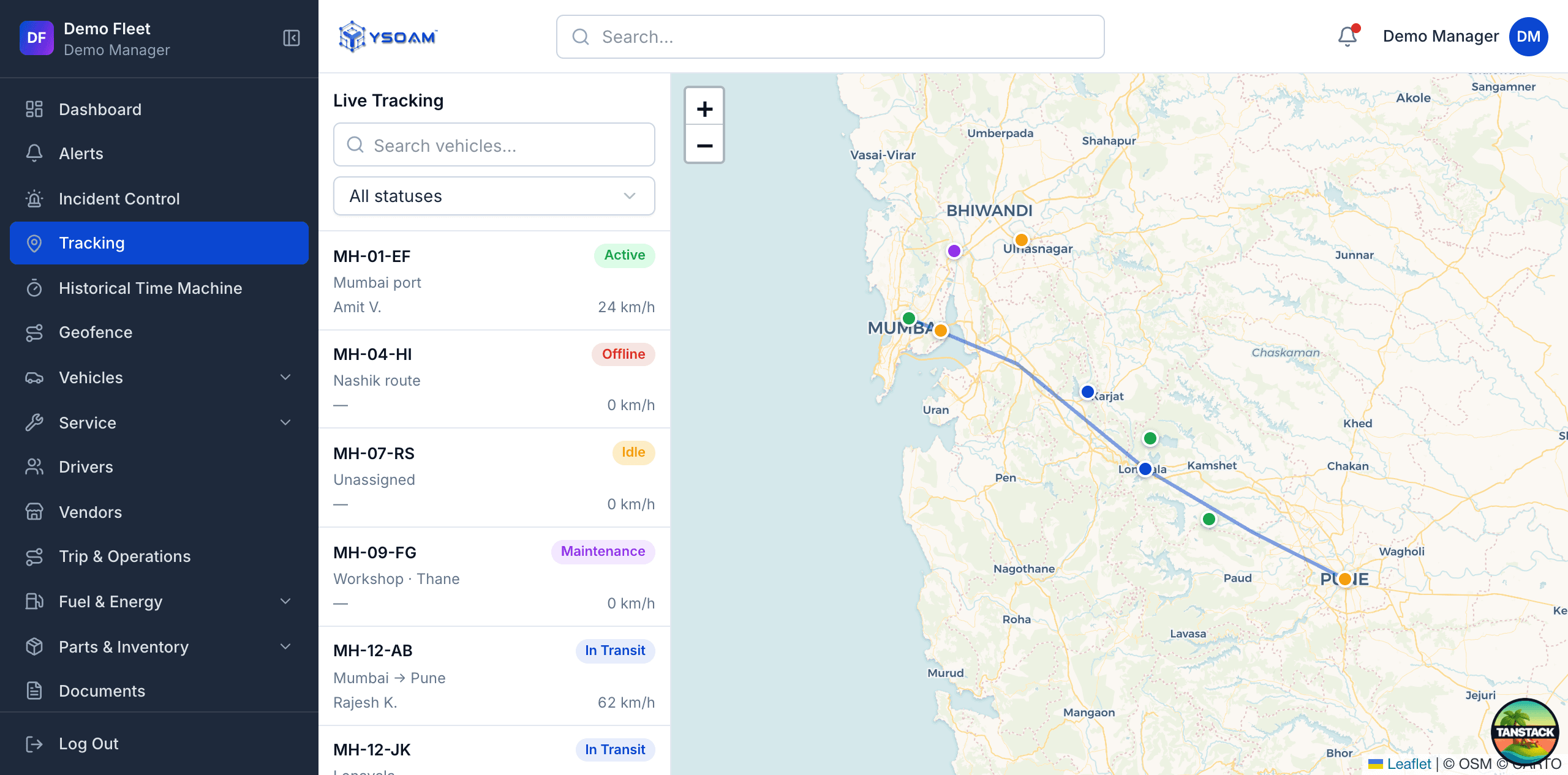 YSOAM live tracking map showing vehicles in transit between Mumbai and Pune